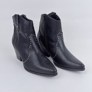 Centro Point Black Studded Western Ankle Boots Women's 10 Block Heel Pointed Toe